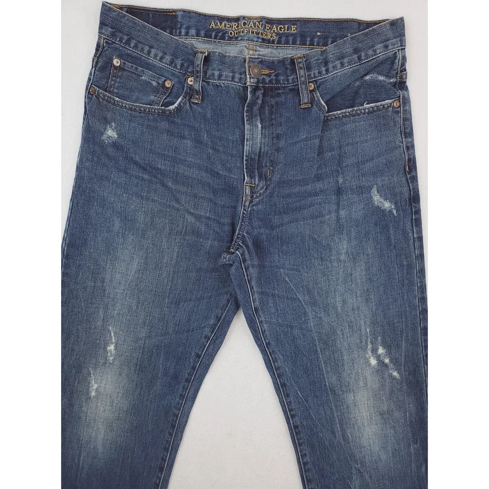 American Eagle Jeans Mens 34x34 Blue Relaxed Straight Distressed Denim Pants
